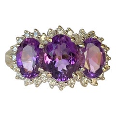 Vintage Amethyst and Diamond 9 Carat Gold Triple Cluster Ring
