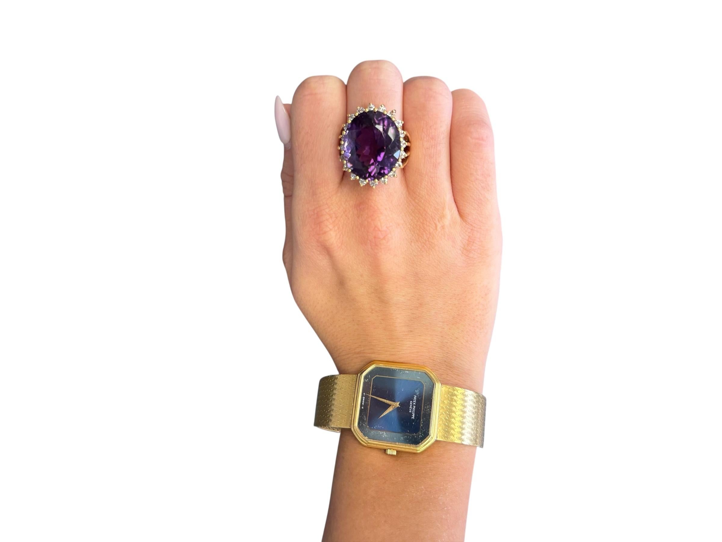 Bague cocktail vintage en or jaune 18 carats avec améthyste et diamant en vente 3