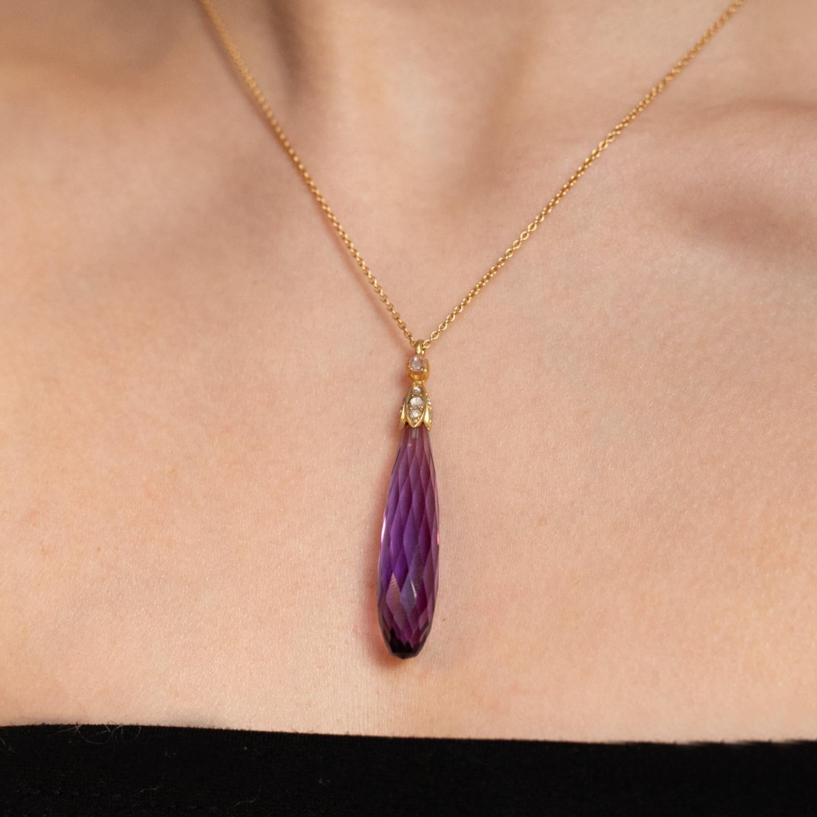 Taille briolette Pendentif pendentif vintage en or jaune 18 carats avec améthyste et diamant en vente