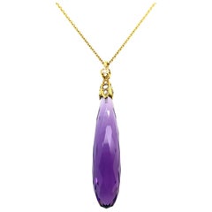 Vintage Amethyst and Diamond Drop Pendant 18 Karat Yellow Gold