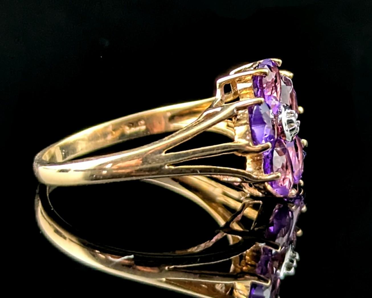 Heart Cut Vintage Amethyst and Diamond flower ring, 9k yellow gold For Sale