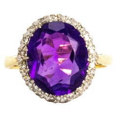 Vintage Amethyst and Diamond Halo 18 Carat Gold Ring