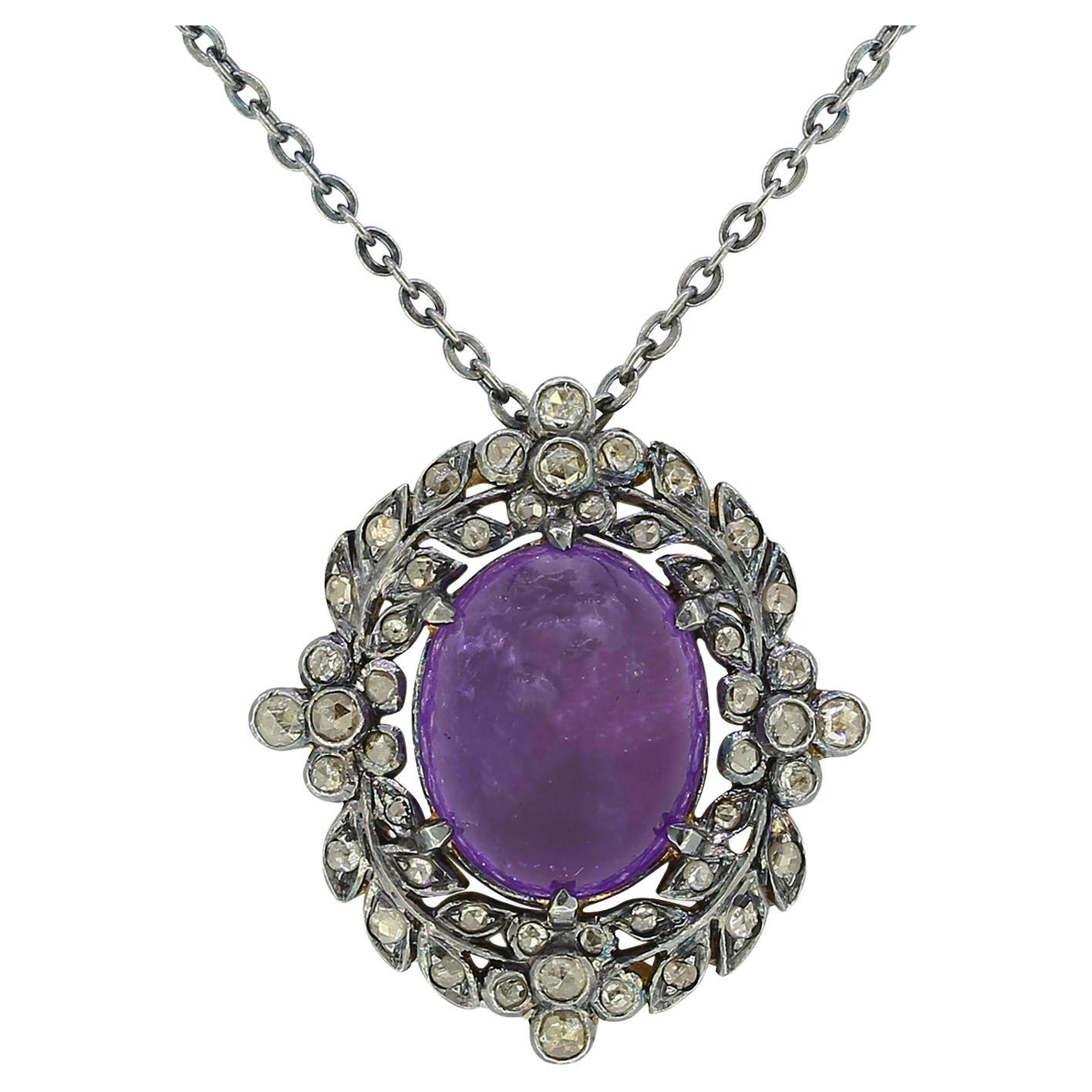 Vintage Amethyst and Diamond Pendant Necklace For Sale