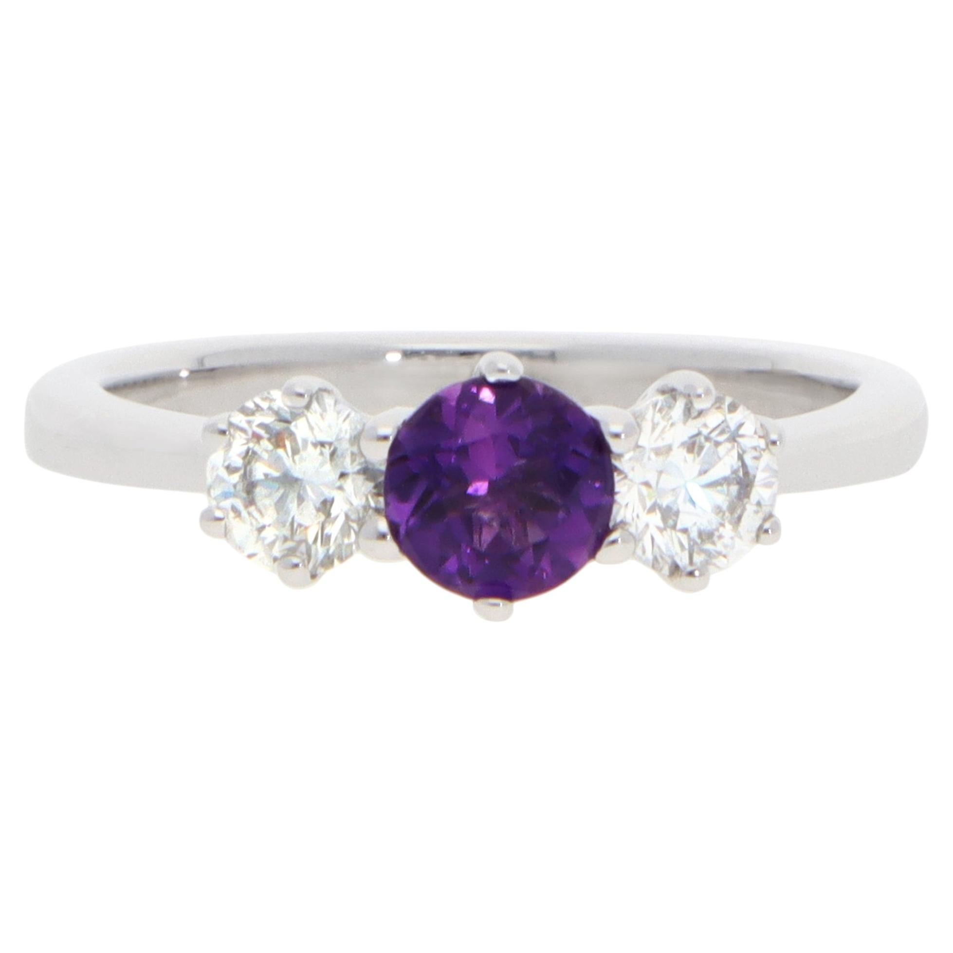 Vintage Amethyst and Diamond Three Stone Ring in Yellow Gold