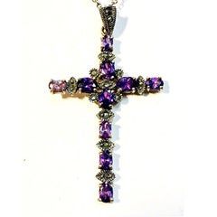 Vintage Amethyst and Hematite Cross Pendant set in .925 Silver
