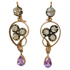 Antique Amethyst And Old Mine Cut Diamond Gold Earrings