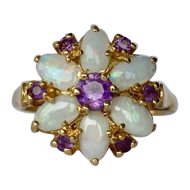 Vintage Amethyst and Opal 14 Carat Gold Cluster Ring For Sale
