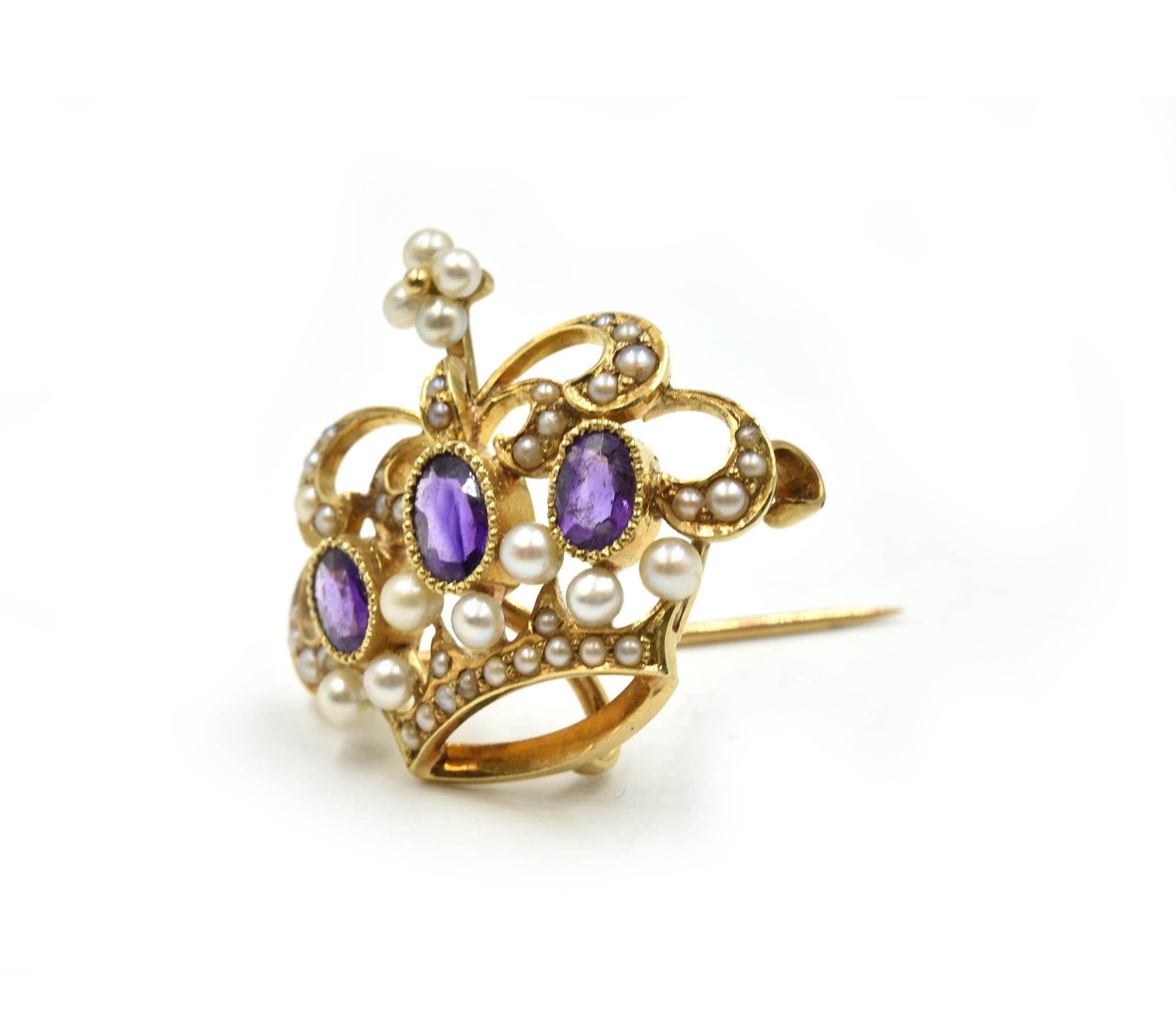 Women's Vintage Amethyst and Pearl Crown Pin 14 Karat Yellow Gold