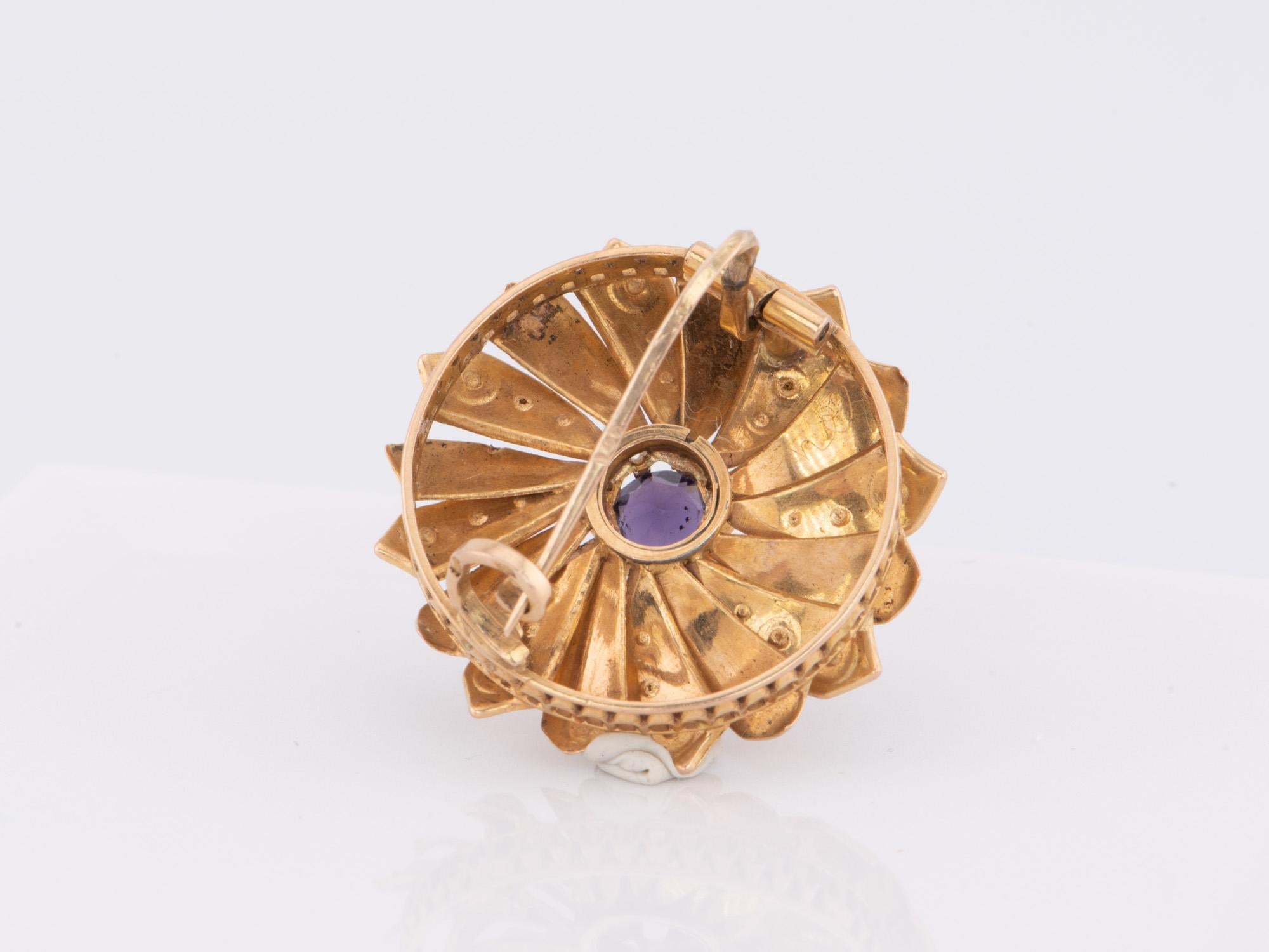 Uncut Vintage Amethyst and Seed Pearl Pendant 14K Gold Spiral Flower Brooch Pin V1021 For Sale