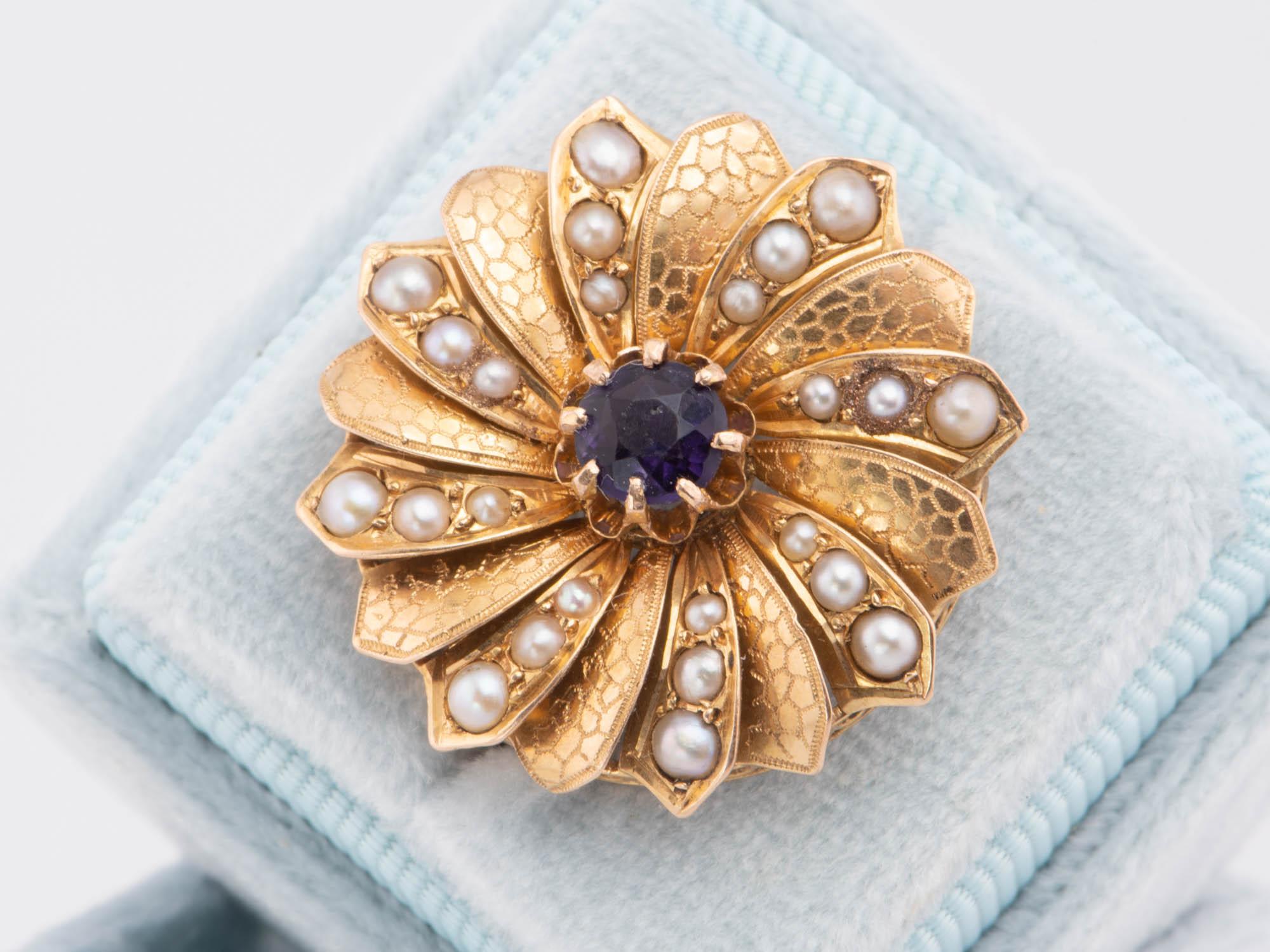 Women's or Men's Vintage Amethyst and Seed Pearl Pendant 14K Gold Spiral Flower Brooch Pin V1021 For Sale