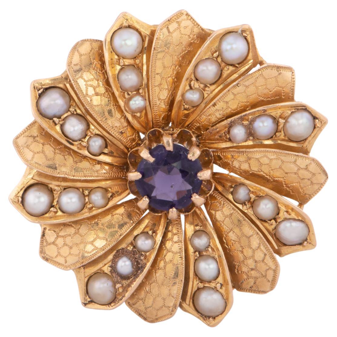 Vintage Amethyst and Seed Pearl Pendant 14K Gold Spiral Flower Brooch Pin V1021 For Sale