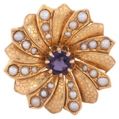 Vintage Spiral-Blumenbrosche/Anstecknadel V1021, Vintage, Amethyst und Saatperlen-Anhänger 14K Gold