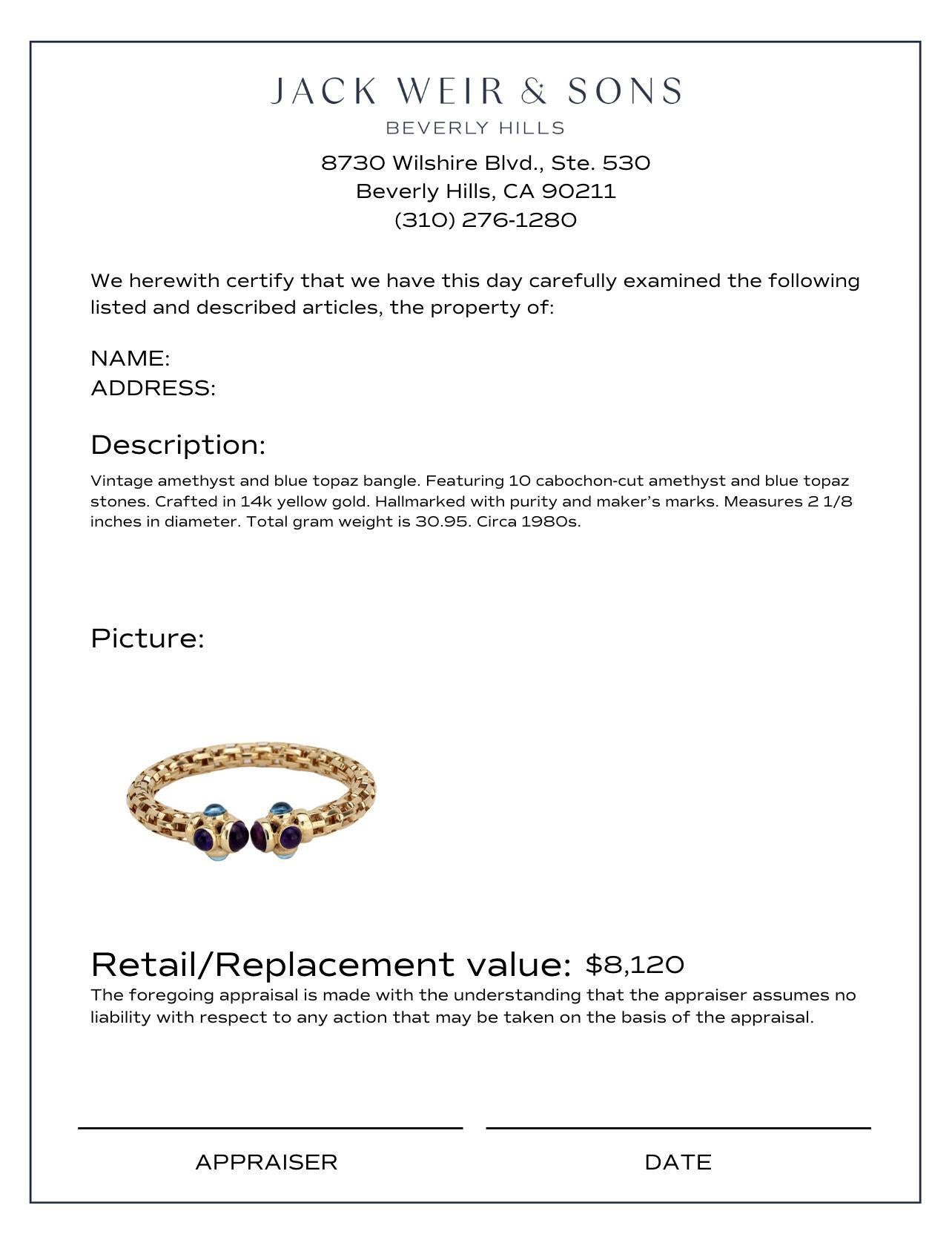 Vintage Amethyst blauer Topas 14k Gelbgold-Armreif im Zustand „Hervorragend“ in Beverly Hills, CA