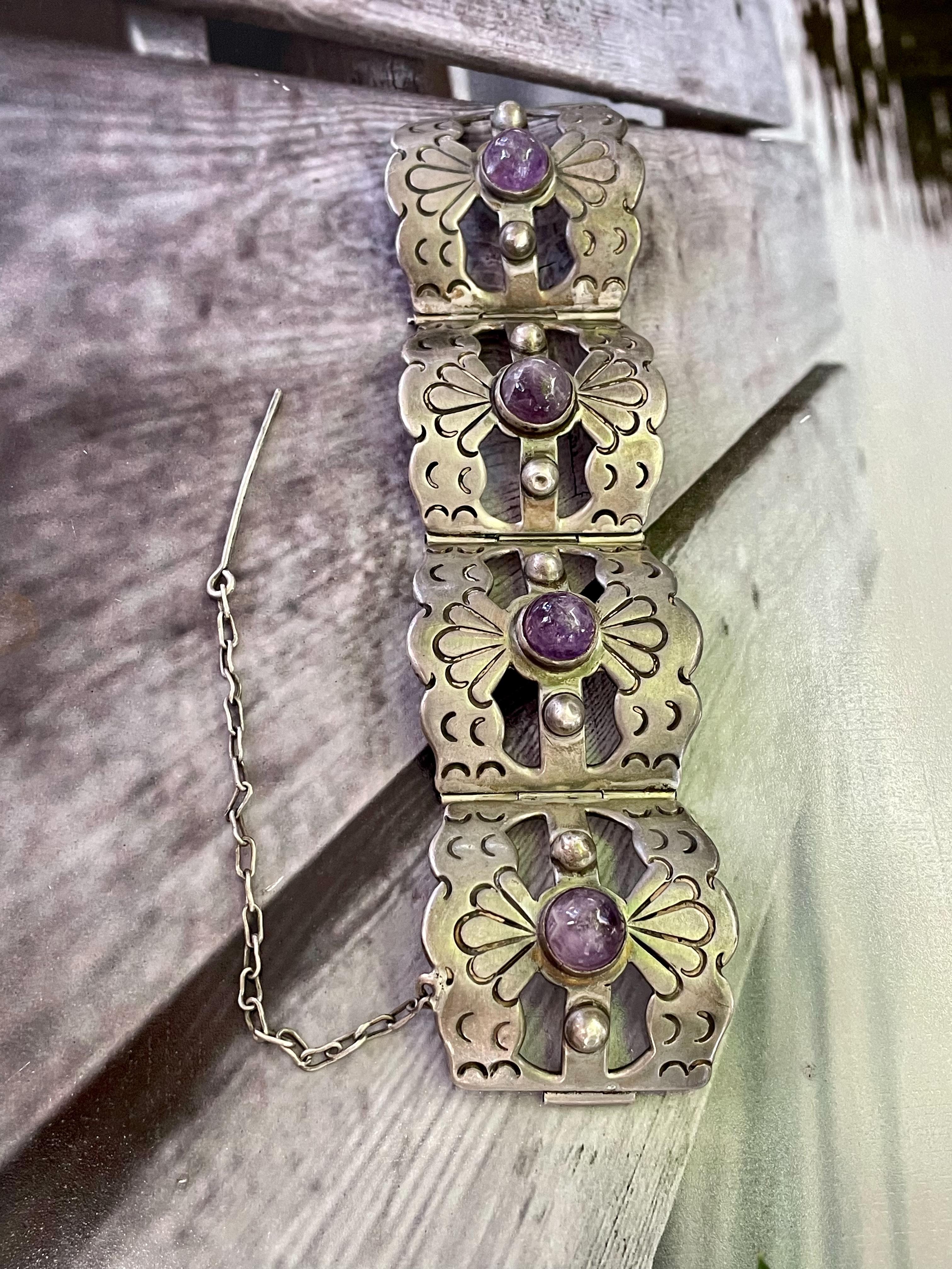 Vintage Amethyst Cabochon and Taxco Sterling Silver Bracelet 2