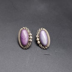 Vintage Amethyst Cabochon Clip On Earrings in Silver Tone Serrated Bezel Setting