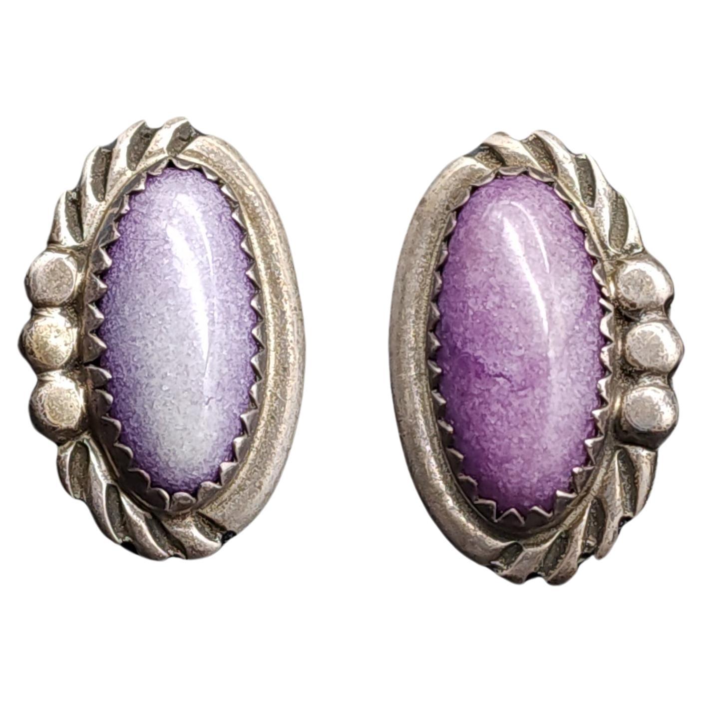 Vintage Amethyst Cabochon Clip On Earrings in Silver Tone Serrated Bezel Setting For Sale