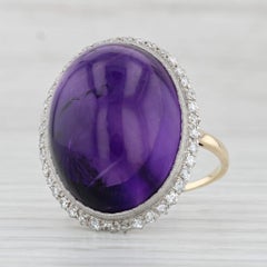 Vintage Amethyst Cabochon Diamond Halo Cocktail Ring 14k Yellow Gold Platinum
