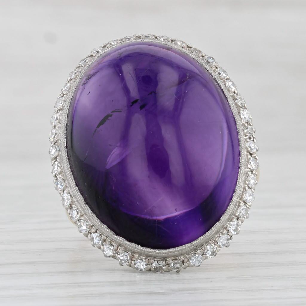 Oval Cut Vintage Amethyst Cabochon Diamond Halo Cocktail Ring 14k Yellow Gold Platinum For Sale