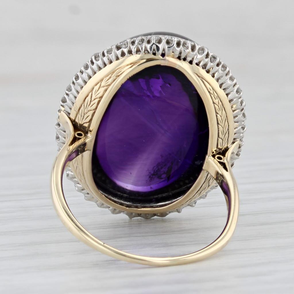 Women's Vintage Amethyst Cabochon Diamond Halo Cocktail Ring 14k Yellow Gold Platinum For Sale