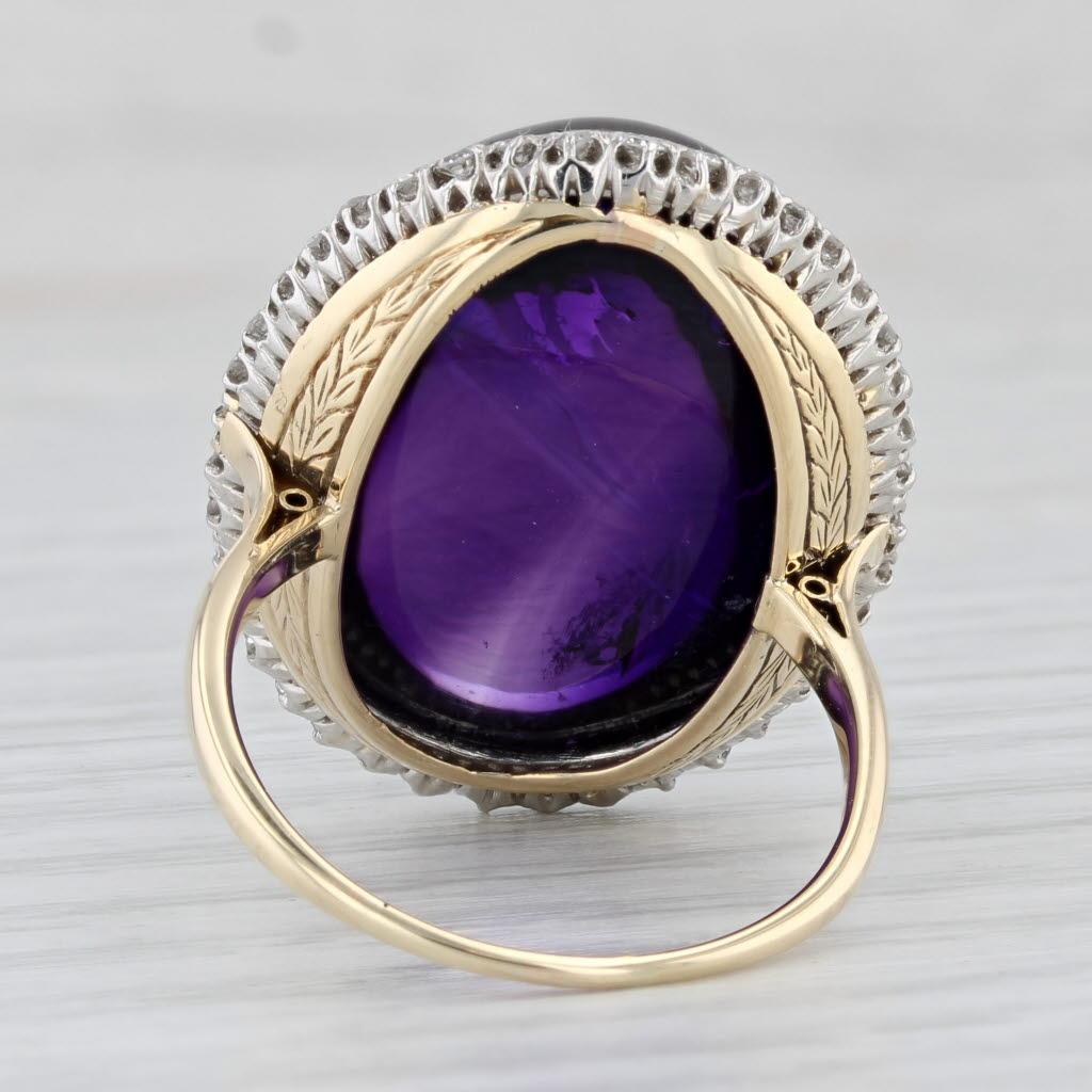 Donna Anello cocktail vintage con ametista cabochon e diamante, oro giallo 14k, platino