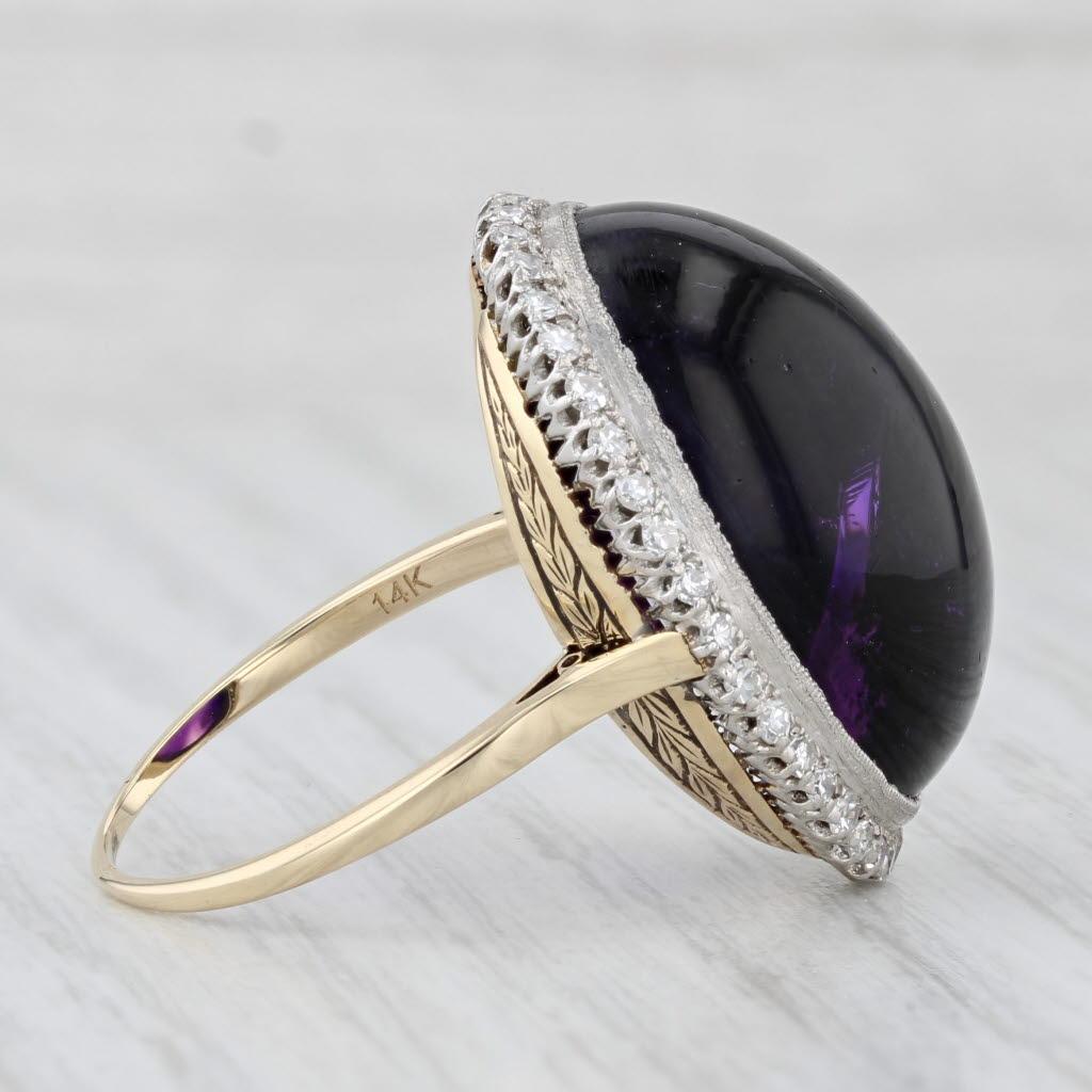 Vintage Amethyst Cabochon Diamond Halo Cocktail Ring 14k Yellow Gold Platinum For Sale 1