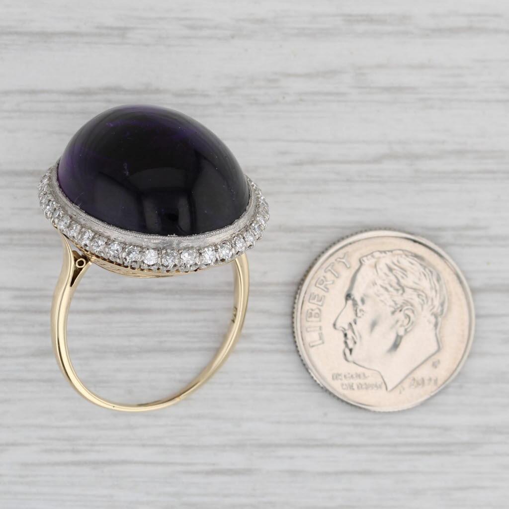 Anello cocktail vintage con ametista cabochon e diamante, oro giallo 14k, platino 3