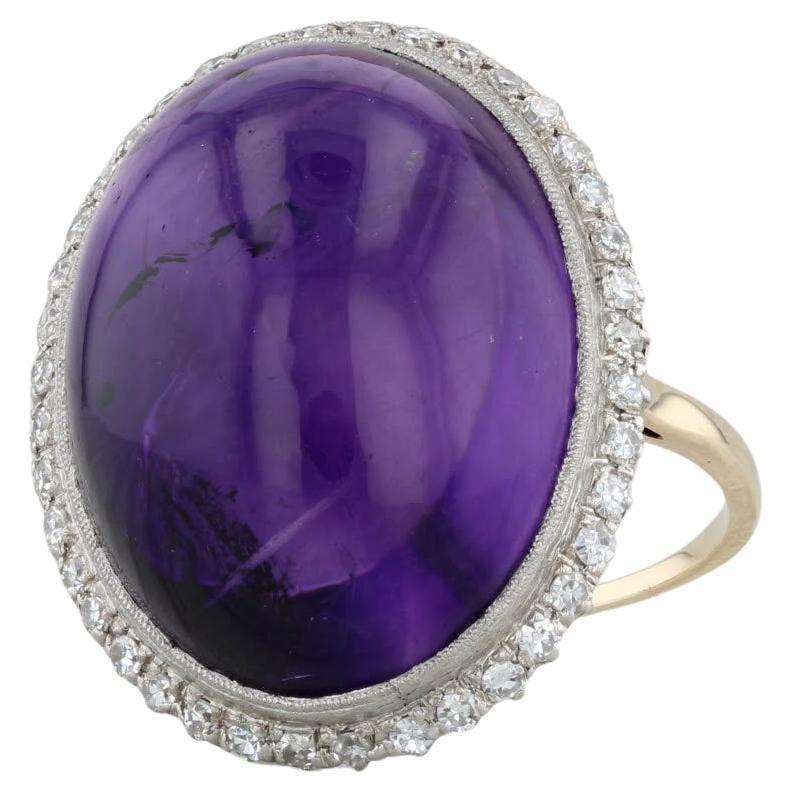 Vintage Amethyst Cabochon Diamond Halo Cocktail Ring 14k Yellow Gold Platinum