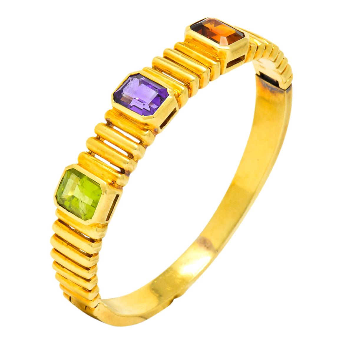 Vintage Amethyst Citrine Peridot 18 Karat Gold Bangle Bracelet