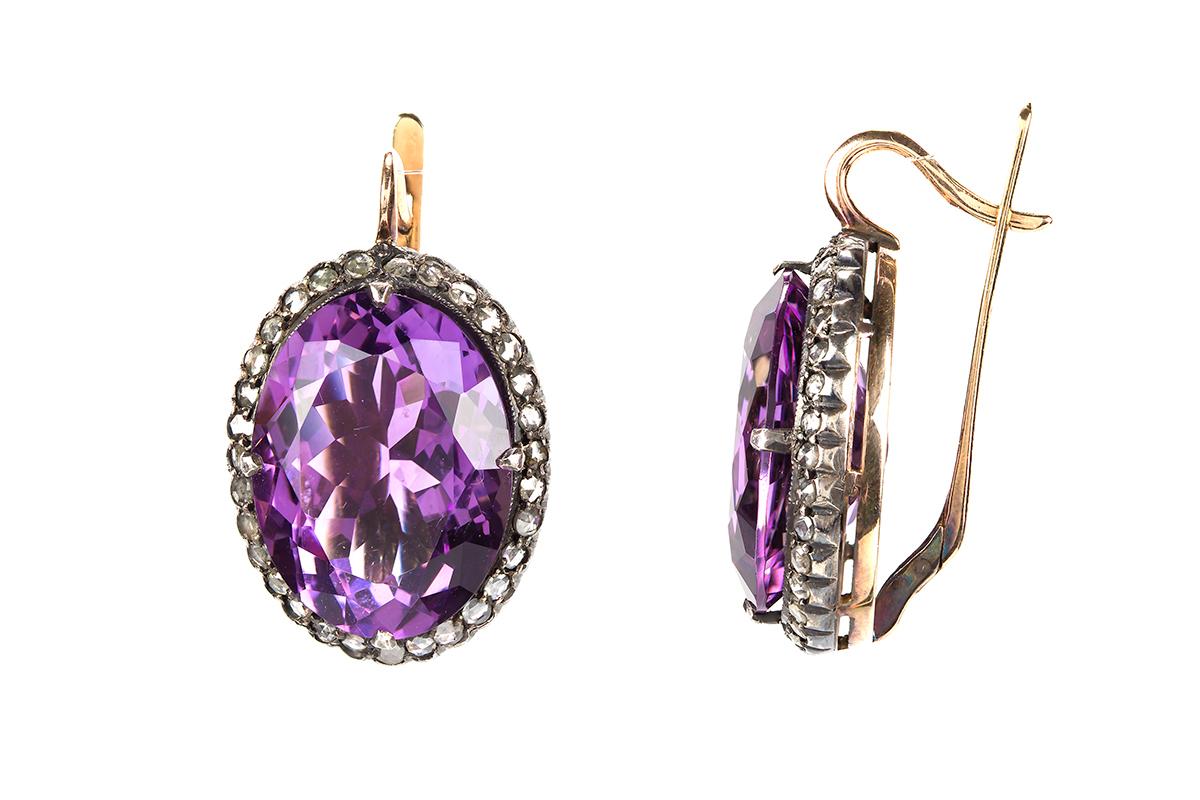 High Victorian Vintage Amethyst Cluster Earrings in Silver and Gold, Russian, circa 1990 For Sale