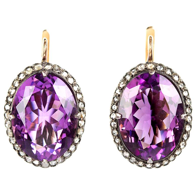 Vintage Amethyst Cluster Earrings in Silver and Gold, Russian, circa 1990 For Sale