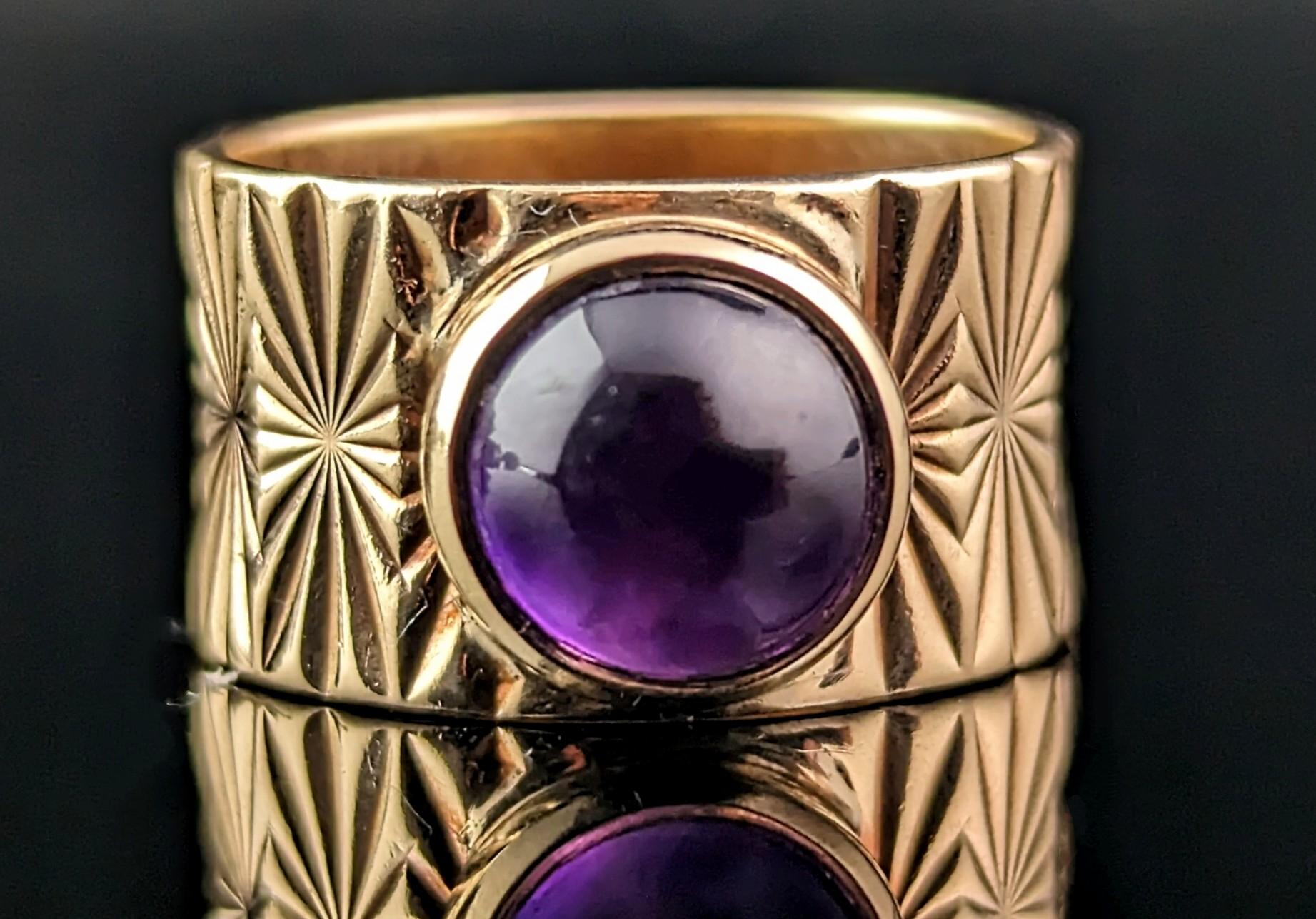 Retro Vintage Amethyst cocktail ring, Wide 9k gold band ring  For Sale