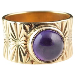 Retro Amethyst cocktail ring, Wide 9k gold band ring 
