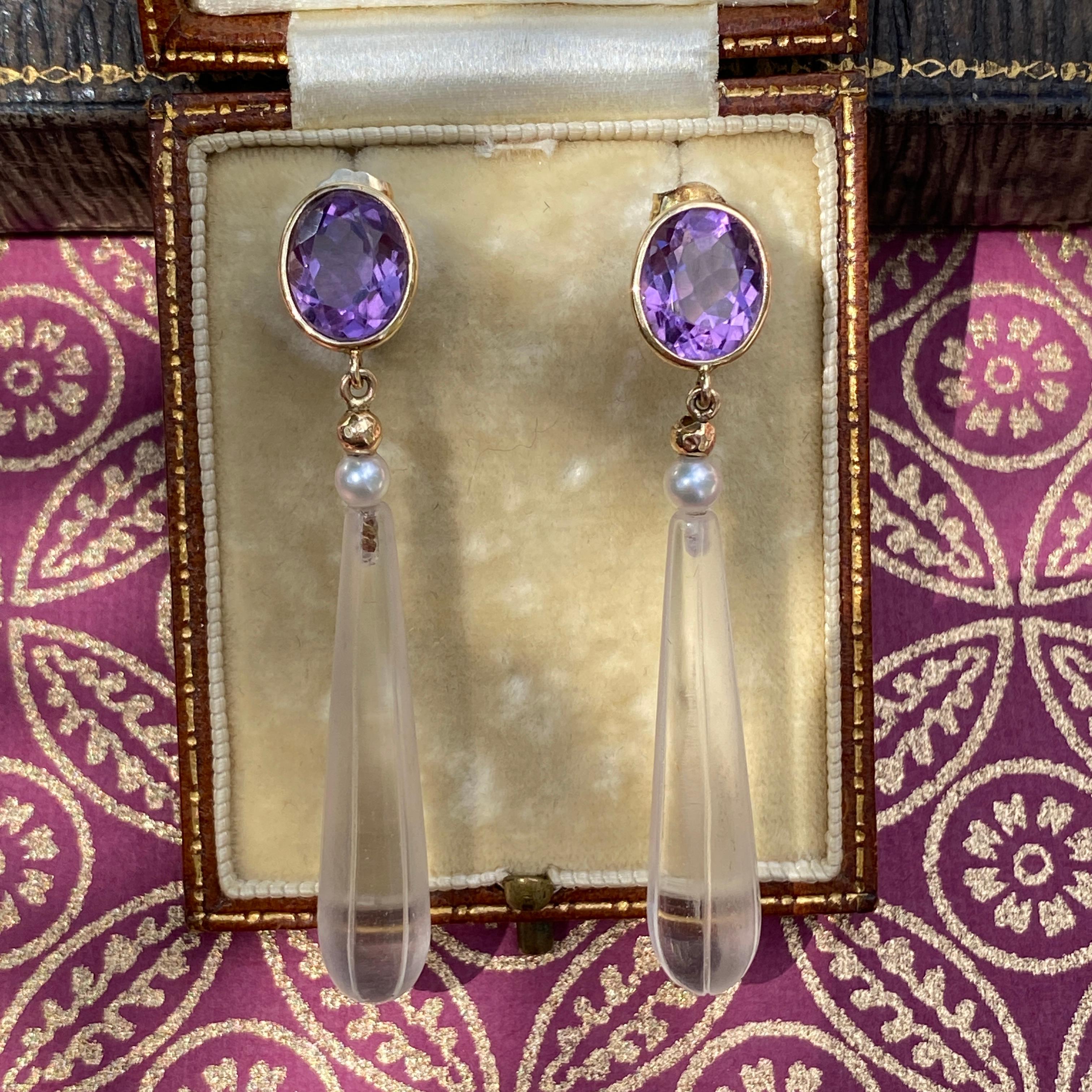 Vintage Amethyst & Crystal 14K Earrings For Sale 5