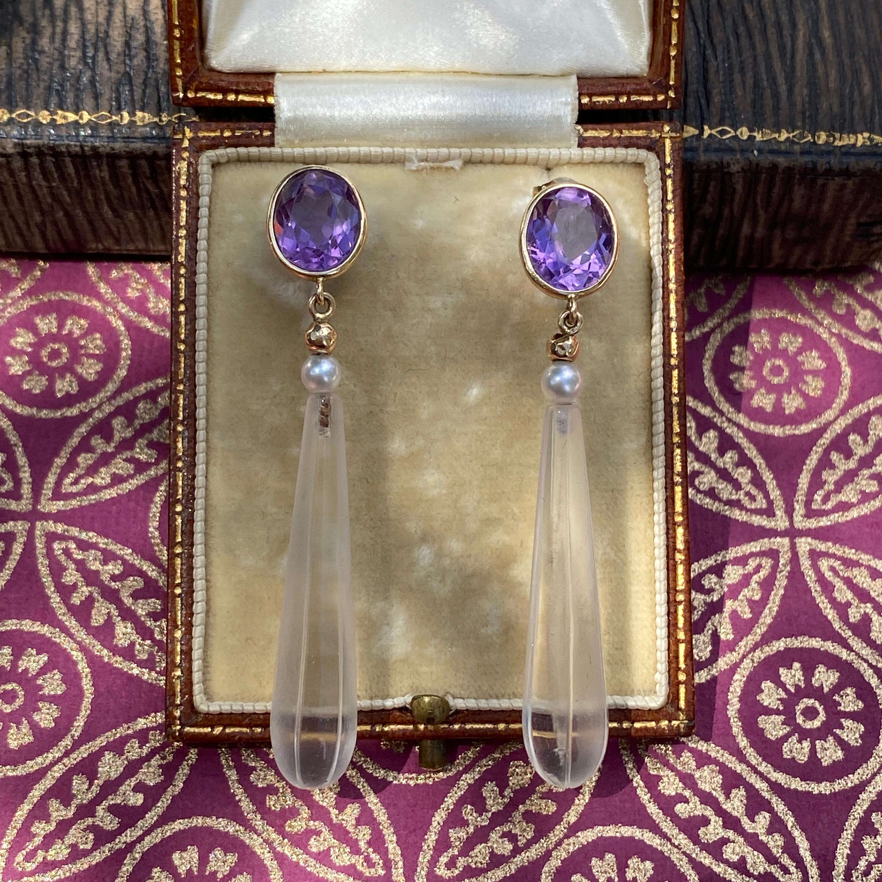 Vintage Amethyst & Crystal 14K Earrings For Sale 2