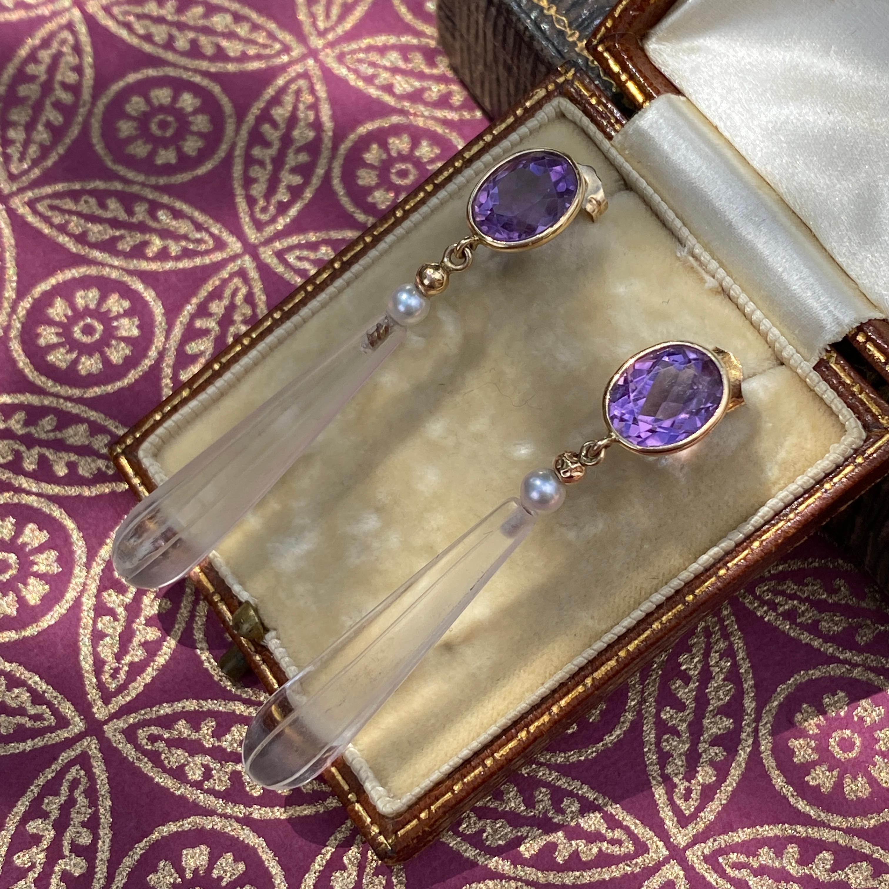 Vintage Amethyst & Crystal 14K Earrings For Sale 4