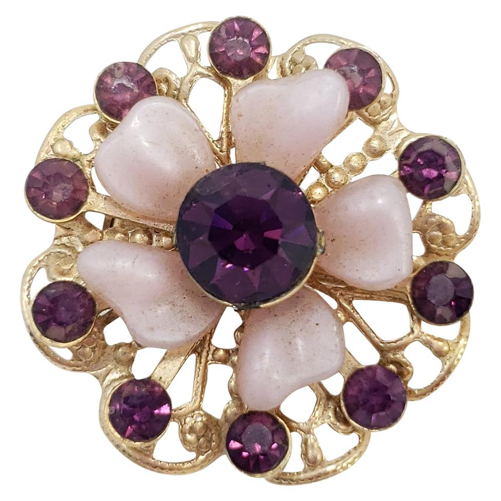 Vintage Amethyst Crystal Flower Pin Brooch, Lilac Petals For Sale