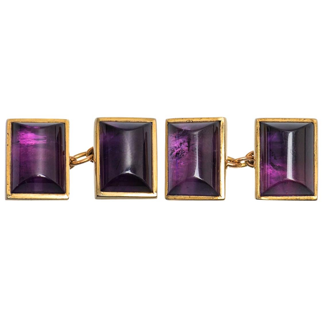 Vintage Amethyst Cufflinks in 9 Carat Gold with Close Back Setting, English 1997 For Sale