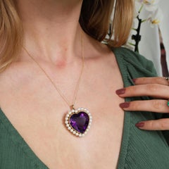 Vintage Amethyst, Cultured Pearl and Gold Heart Brooch Pendant, Circa 1970