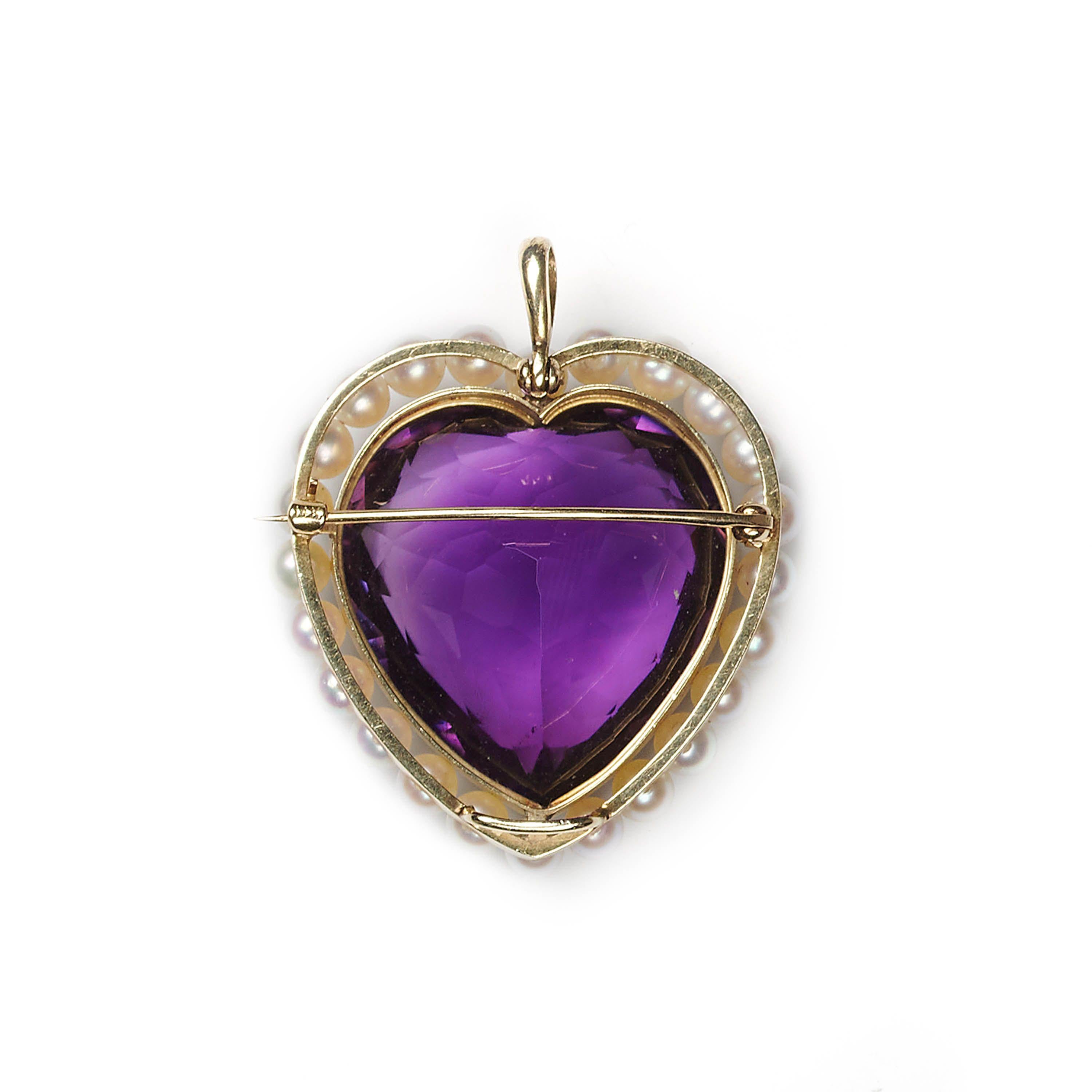 Vintage Amethyst, Cultured Pearl And Gold Heart Brooch Pendant, Circa 1970 In Good Condition For Sale In London, GB