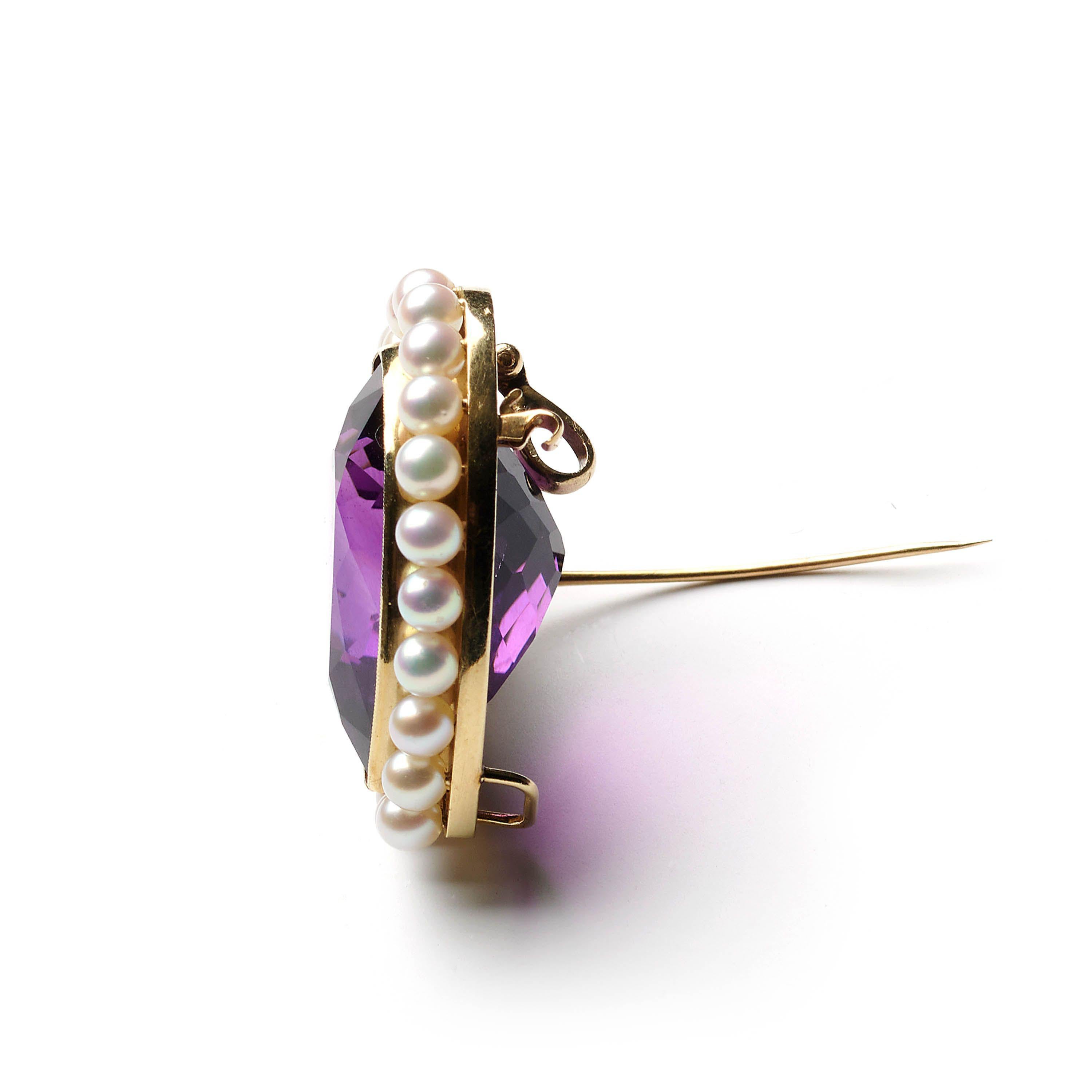 Women's Vintage Amethyst, Cultured Pearl And Gold Heart Brooch Pendant, Circa 1970 For Sale