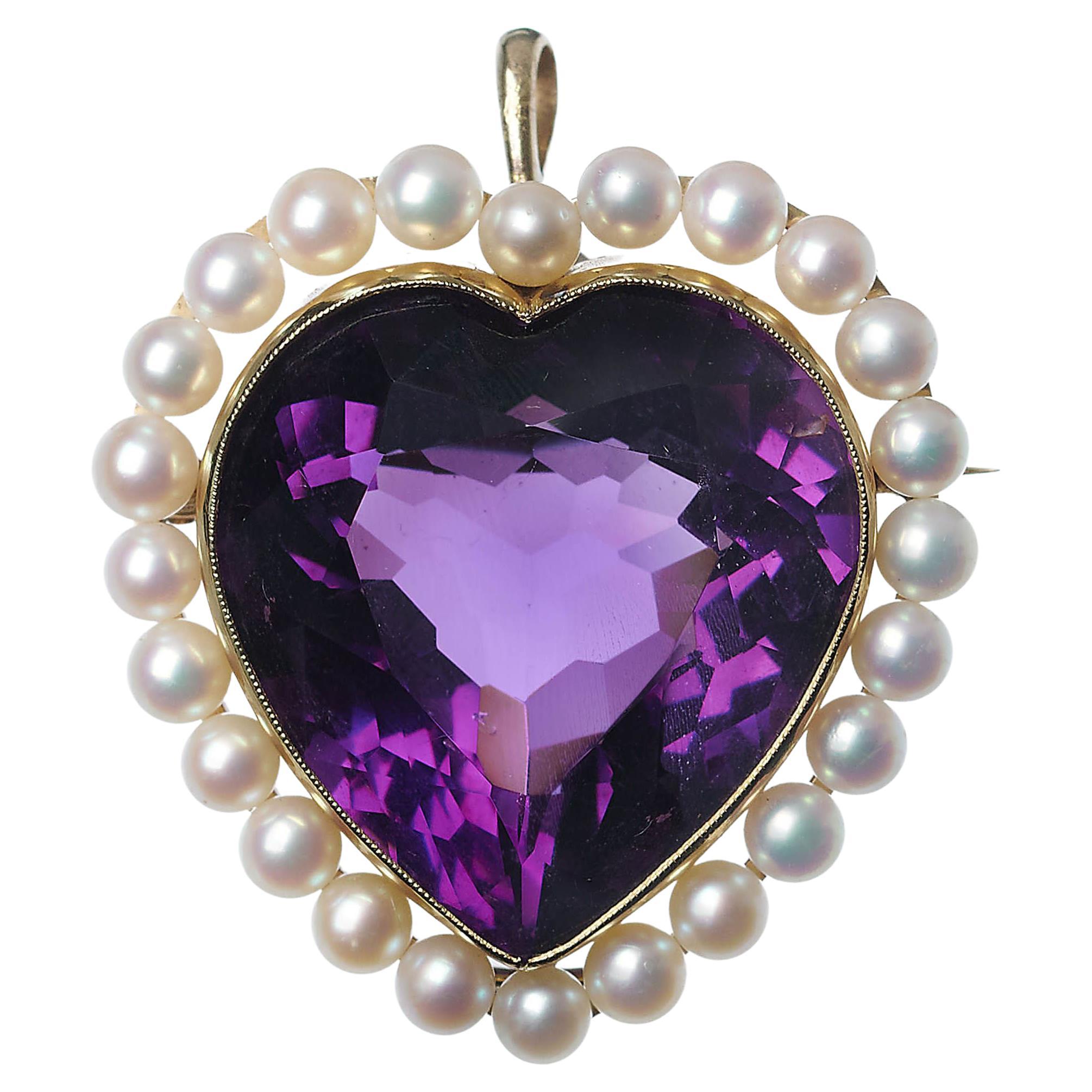 Vintage Amethyst, Cultured Pearl And Gold Heart Brooch Pendant, Circa 1970 For Sale