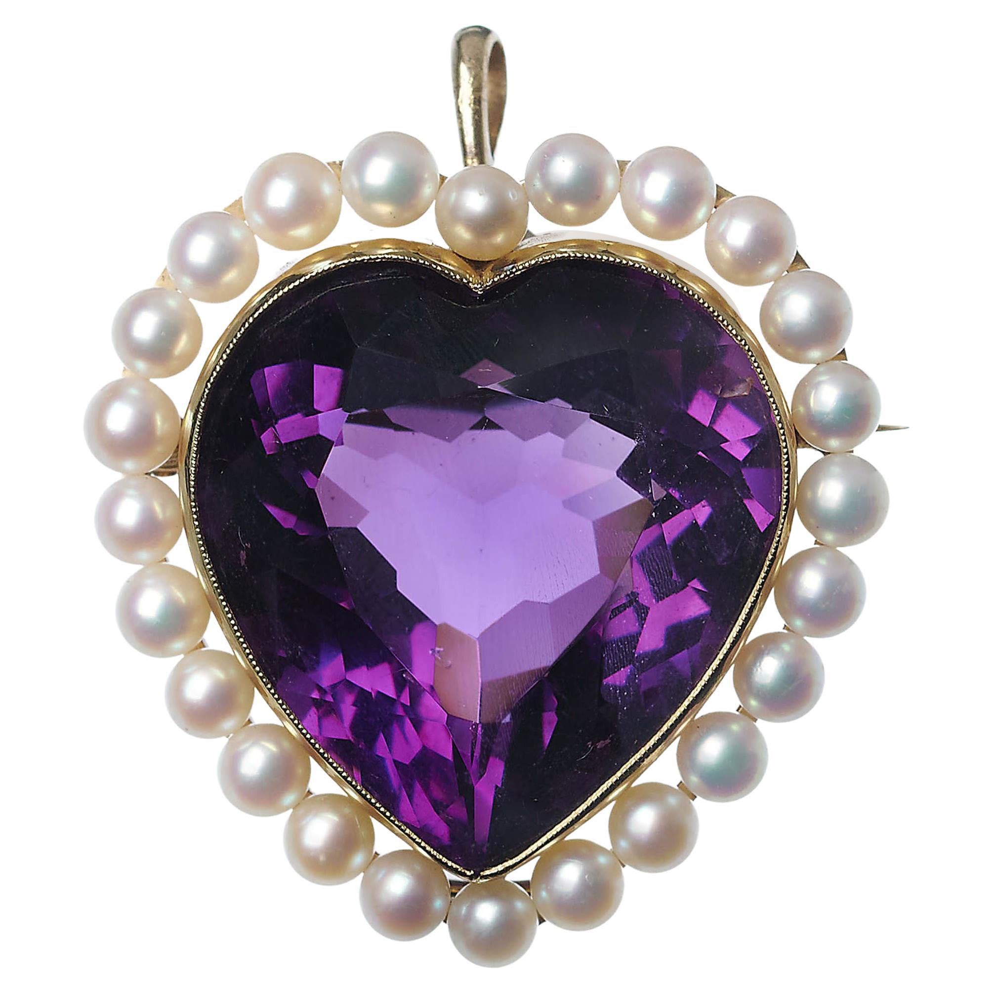 Vintage Amethyst, Cultured Pearl and Gold Heart Brooch Pendant, Circa 1970