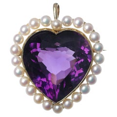 Vintage Amethyst, Cultured Pearl and Gold Heart Brooch Pendant, Circa 1970