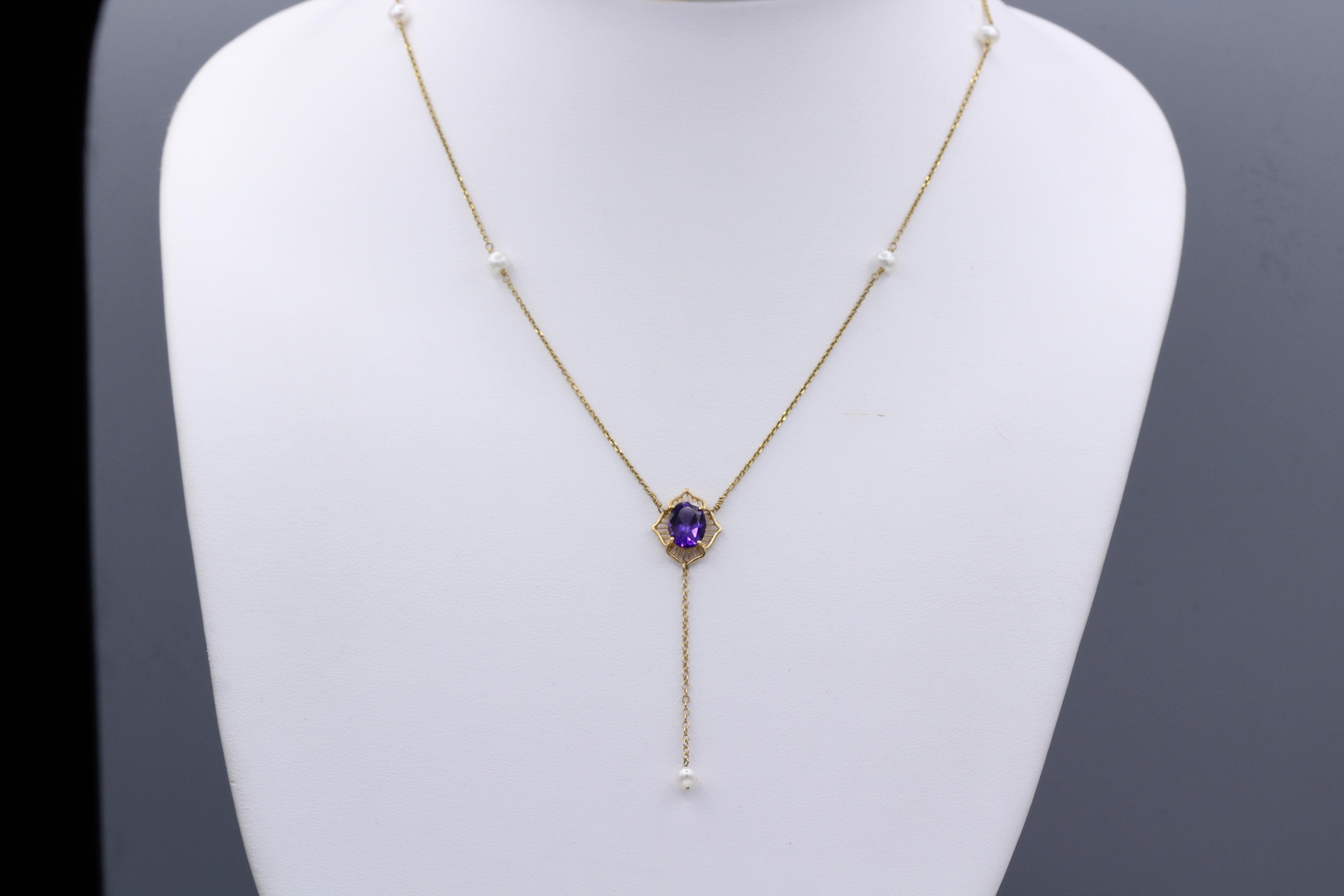 Elegant Drop Amethyst Necklace 
Dangling Style & Beaded Pearls 
14k Yellow Gold
Length 17’ Inch
Dangle Length approx. 2’ Inch
Natural Amethyst oval Shape  9 x 7 mm
Fresh water Pearls approx. 3.0 mm
Spring Ring Lock
Total weight 3.3 Grams
