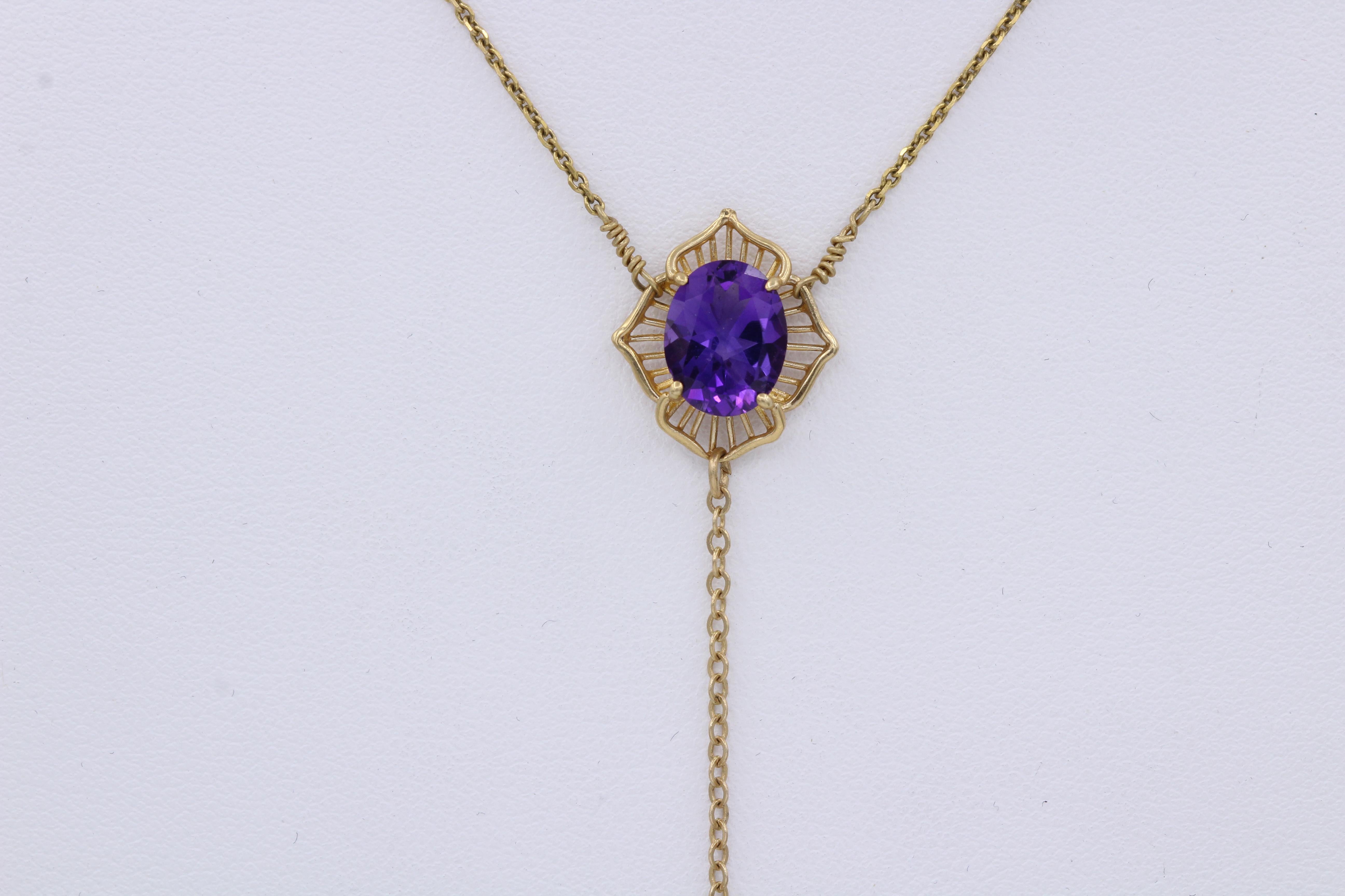 Vintage Amethyst Dangle Necklace and Pearl Drop 14k Yellow Gold   In New Condition For Sale In Brooklyn, NY