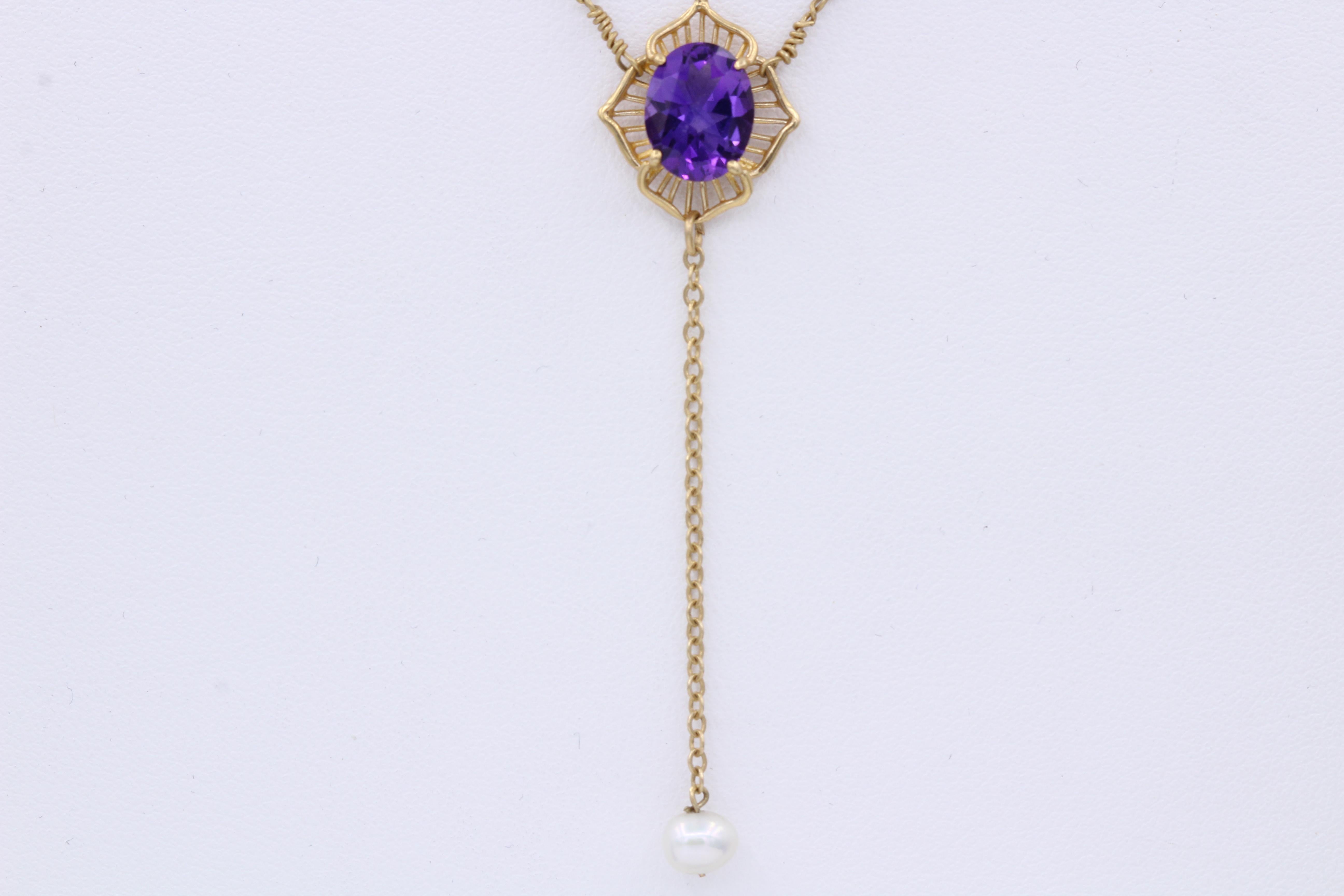 Women's Vintage Amethyst Dangle Necklace and Pearl Drop 14k Yellow Gold   For Sale