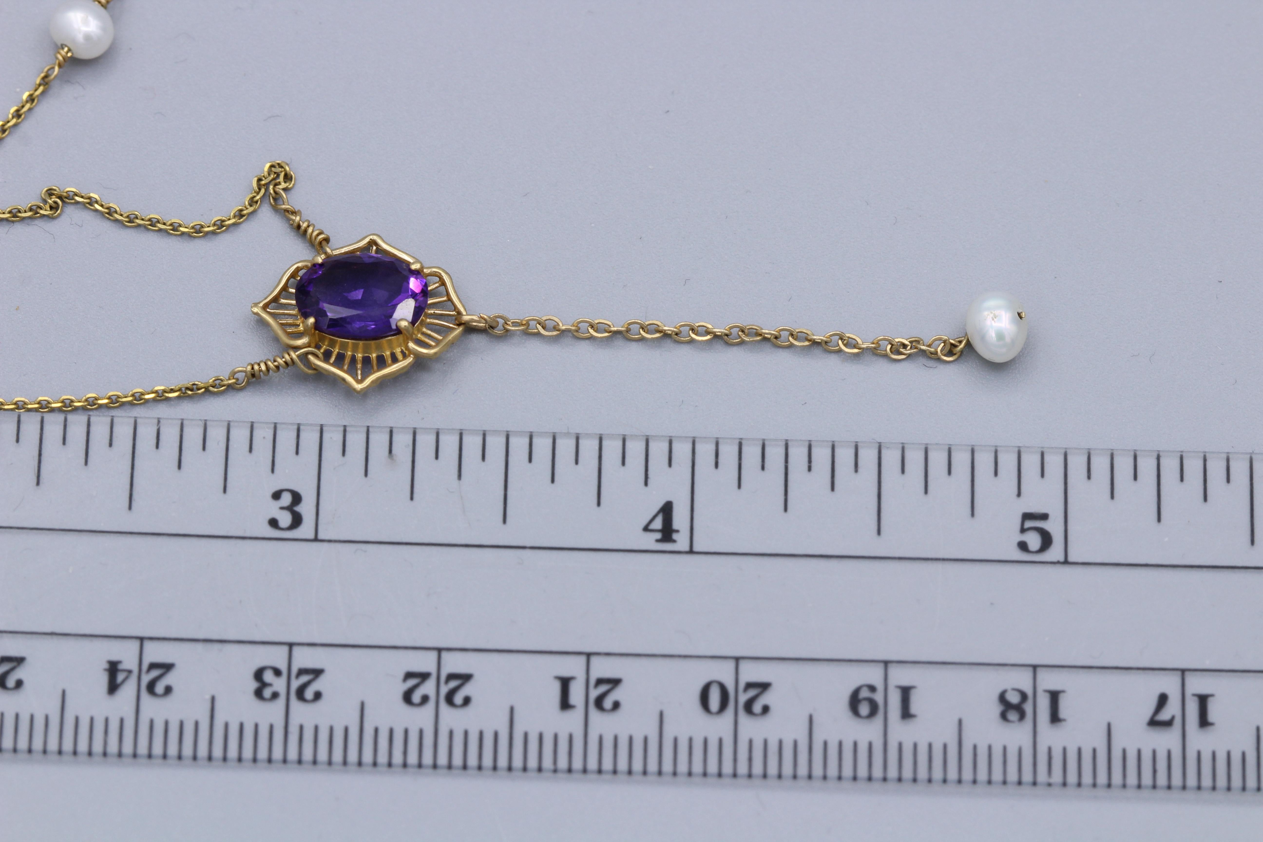 Vintage Amethyst Dangle Necklace and Pearl Drop 14k Yellow Gold   For Sale 2