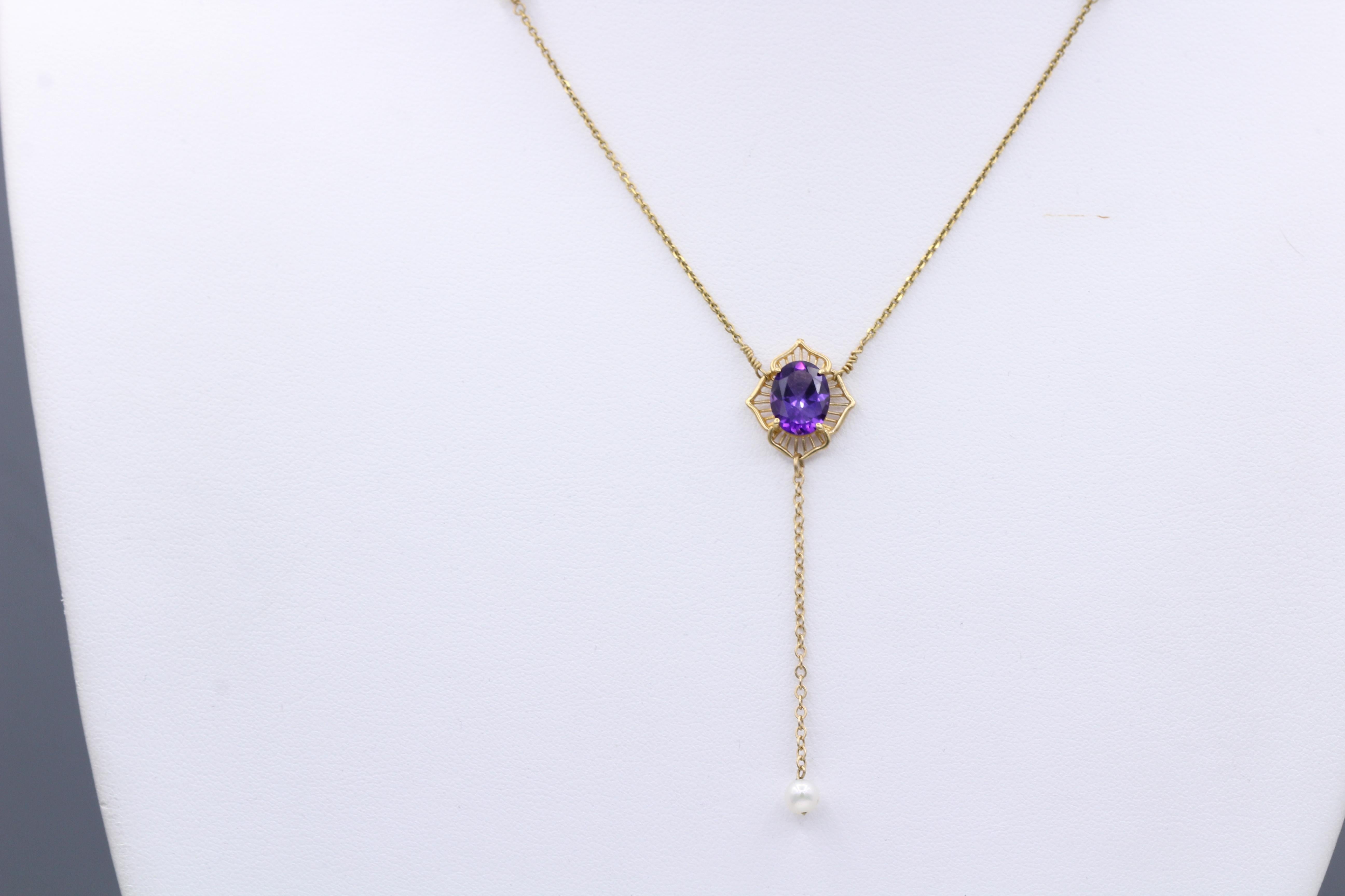 Vintage Amethyst Dangle Necklace and Pearl Drop 14k Yellow Gold   For Sale 4