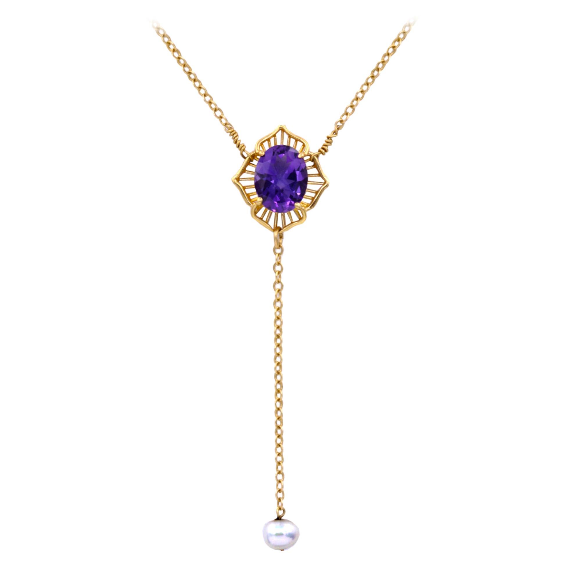 Vintage Amethyst Dangle Necklace and Pearl Drop 14k Yellow Gold   For Sale