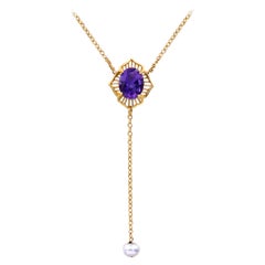 Vintage Amethyst Dangle Necklace and Pearl Drop 14k Yellow Gold  